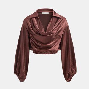 Satin Cowl Neck Cropped Cinched Blouse